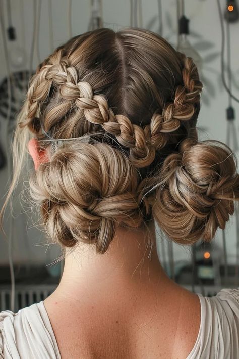 20 Instagram-Worthy Space Buns Hairstyle Ideas You Need To Try - Pinch Of Glam Braided Space Buns Short Hair, Cute Hairstyles Buns And Braids, Space Buns Long Curly Hair, Braids And Space Buns, Glitter Updo Hair, Braids Into A Bun Hairstyles, Galaxy Buns Hair, Viking Braids For Short Hair, Space Bun Updo