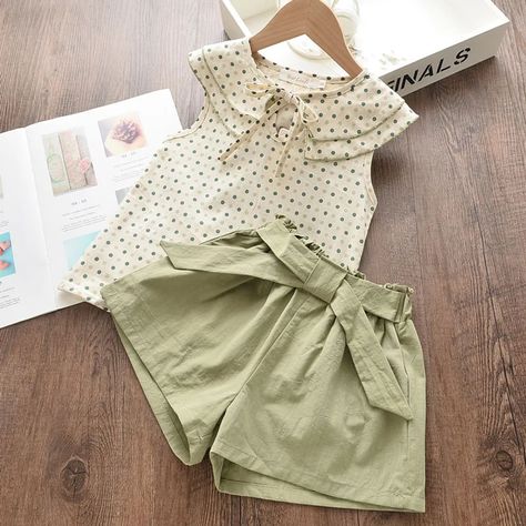 2-piece Baby / Toddler Girl Pretty Polka Dots Doll Collar Top and Solid Shorts Sets Only $7.99 Patpat US Children Clothing, Print Outerwear, Bow Shorts, Sleeveless Tops Summer, Suspender Skirt, Summer Suits, Embroidered Shorts, Girls Clothing Sets