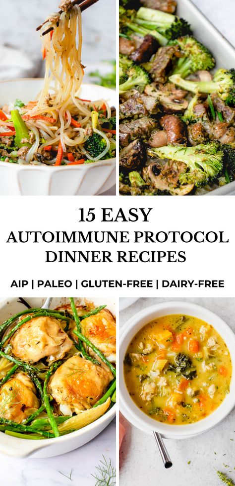 These 15 easy autoimmune protocol (AIP) dinner recipes will make meal planning and AIP meal prep a breeze! #healmedelicious #aip #paleo #aiprecipes #paleorecipes #aipdiet #autoimmunepaleo #aipprotocol #glutenfree #autoimmuneprotocol #easyaipdinners #aipdinnerrecipes #easyaiprecipes #aipmealprep #aipmealplan #aipmealplanning #aipdinner #onepotmeals #onepanmeals #sheetpanmeals #soups #stews #aiponepandinner #aiponepotmeal #aipsoup #aipsheetpandinner Autoimmune Meal Plan, Aip List Of Foods, Clean Veggie Recipes, Aip Gluten Free Recipes, Swank Diet Recipes, Elimination Diet Recipes Dinner, Paleo Meal Plans, Aip Meal Prep For The Week, Whole 30 Aip Recipes