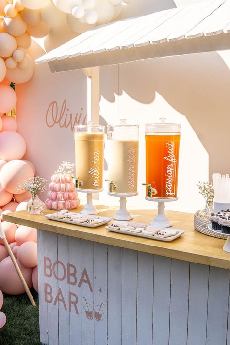 boba bar, boba drink dispensers, clear drink dispensers, boba party theme, boba drinks for birthday party, boba drink display, milk tea first birthday party, homemade milk teas for party, boba bar display Spring Event Ideas, Boba Party, Boba Bar, Party Rental Ideas, Party Rentals Business, Cake Balloons, Drink Display, Birthday Bar, Tea Party Theme