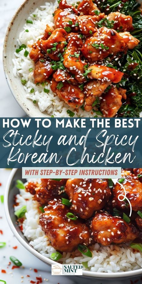 Whip up this Spicy Chicken recipe tonight! Crispy chicken breast meets spicy, sticky gochujang sauce in this healthy Korean dish that's perfect for easy family dinners. Sticky Korean Fried Chicken, Sticky Chicken Sauce Recipe, Easy Chicken Recipes Asian, Crispy Sticky Chicken, Recipes For Dinner Spicy, Korean Sticky Chicken Recipe, Healthy Sticky Chicken, Korean Style Crunchy Chicken, Korean Sauce For Chicken