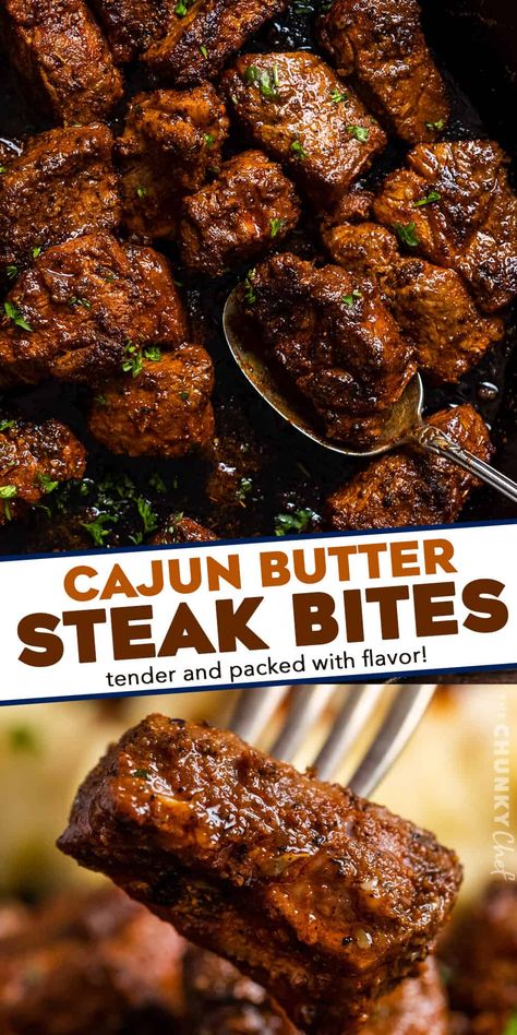 Cajun Garlic Butter Steak Bites - The Chunky Chef Dinner For Two Recipes Healthy, Protein Steak Meals, Fun Healthy Recipes Dinner, Steak Bites Marinade Recipes, What To Make With Steak Meat, Food Platters For Parties, Quick Easy Grill Meals, East College Dinners, Round Beef Steak Recipes