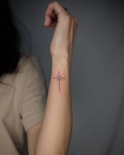 Compass Star Tattoo Design, North Star Fine Line Tattoo, North Star Tattoo Placement, North Star Tattoo Men, Long Star Tattoo, Wishing Star Tattoo, Two Star Tattoo, Four Stars Tattoo, The North Star Tattoo