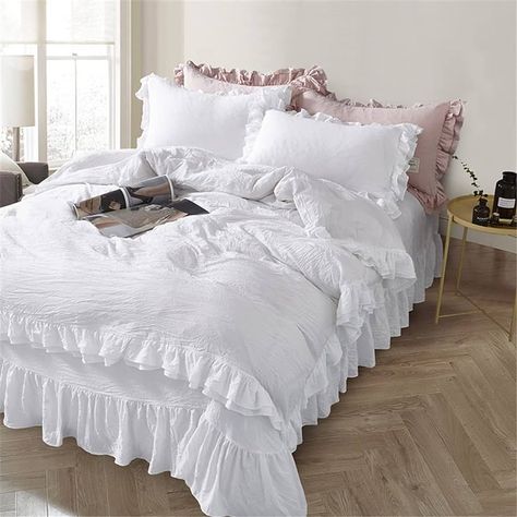 Amazon.com: MOOWOO Ruffle Duvet Cover Set, Soft and Breathable Washed Microfiber 3pcs Bedding Set, Shabby Chic Farmhouse Duvet Cover and Pillow Shams, Zipper Closure & Corner Ties, Easy Care -(White, Queen) : Home & Kitchen Farmhouse Duvet Cover, Farmhouse Duvet, Commode Shabby Chic, Ruffle Duvet Cover, Cute Apartment, Queen Size Duvet Covers, Simply Shabby Chic, Chic Bedding, Shabby Chic Dresser