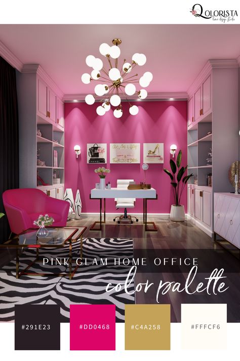 Color Palette Ideas - Pink Glam Home Office Diva Home Office Ideas, Glam And Office Room, Glamour Office Decor, Diva Office Ideas, Colored Office Design, Pink At Home Office, Pink Home Office Ideas Glam, Office With Pink Walls, Pink Couch Office Ideas