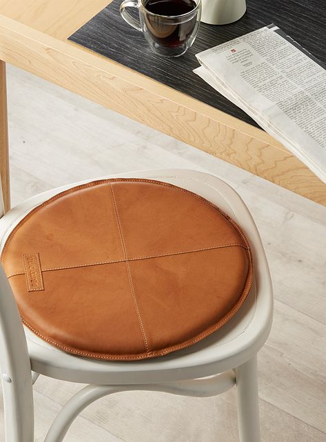 Topstitched genuine leather chairpad 36 cm | Simons Maison | Seat Cushions | Table Accessories | Simons Diy En Cuir, Diy Leather Projects, Vintage Ice Cream, Leather Scraps, Trendy Home Decor, Leather Pillow, Leather Decor, Leather Projects, Leather Gifts