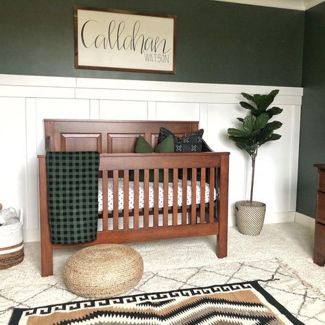 Hunter Green Nursery, Dark Wood Nursery, Green Nursery Boy, Brown Nursery, Nursery Decor Green, Cozy Baby Room, Green Accent Walls, Nursery Decor Inspiration, Wood Nursery