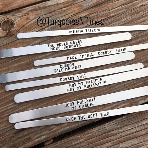 Hand Stamped Stainless Steel Jewelry For Best Friend, Cheap Hand-stamped Bangle Bracelets, Western Metal Stamped Jewelry, Silver Hand Stamped Metal Necklace, Southwestern Stamped Cuff Jewelry, Metal Stamped Bracelet, Metal Stamping Projects, Metal Stamping Diy, Southern Jewelry