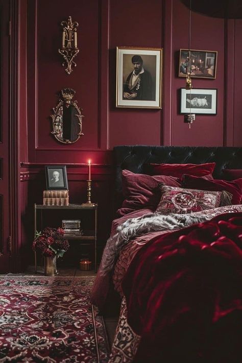 Red Bedrooms Ideas, Red Interior Design Bedroom, Theater Bedroom Ideas, Moody Red Bedroom, Pirate Quarters, Dark Room Decor Ideas, Red Victorian Bedroom, Dark And Moody Decor, Dark Red Bedroom Ideas