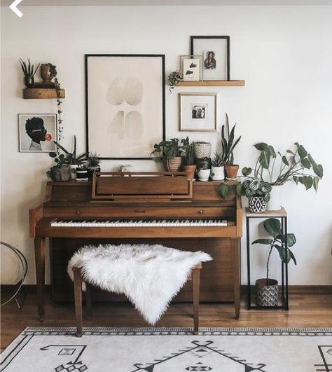 Room With Piano How To Decorate, Piano Ideas Decor, How To Decorate Around A Piano, How To Decorate A Piano, Split Living Room Dining Room, Piano Nook, Piano Room Decor, Piano Living Rooms, Piano Lounge