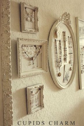 Cupids Charm - Notes From A Charmed Life: My New Studio Space – Wall Display (To display pearls & fancy jewelry. Great idea) Jewelry Wall Display, Shabby French Chic, Jewerly Display, Jewerly Displays, Diy Jewelry Display, Jewelry Wall, Craft Show Displays, Necklace Display, Pretty Designs