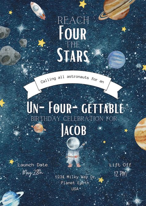 Reach Four the Stars, Space Themed Fourth Birthday Party Invitation, Digital Download, Customizable, Printable and Digital - Etsy Four The Stars Birthday, Four Year Old Space Birthday, Space Party Invite, Space Themed Birthday Party Invitations, 4 Boy Birthday Party Themes, Space Fourth Birthday Party, 4th Birthday Themes For Boys, Space 4th Birthday Party, Fourth Birthday Theme Boy