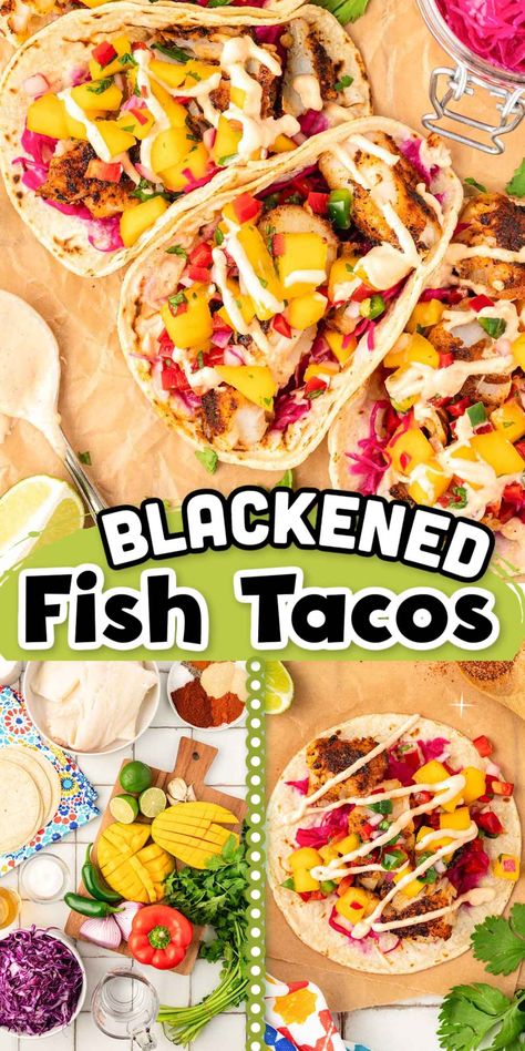 Try these delicious Blackened Fish Tacos! Featuring seasoned blackened fish, pickled cabbage, and juicy mango salsa, they're an easy and flavorful dinner option that everyone will love. Perfect for a quick weeknight meal or a fun weekend get-together. Blacked Fish, Mango Fish, Tropical Salsa, Easy Fish Taco Recipe, Blackened Fish Tacos, Blackened Fish, Easy Fish Tacos, Flavorful Dinner, Pickled Cabbage