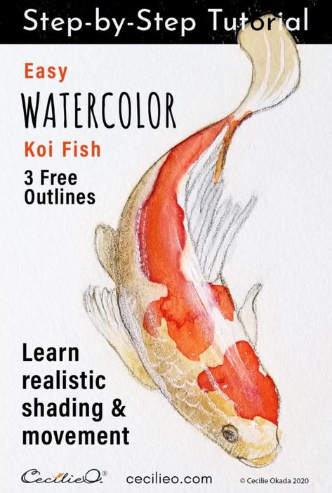 Coi Fish Watercolor Painting, Koi Fish Watercolor Paintings Easy, Watercolor Koi Fish Tutorial, Watercolor Step By Step Tutorials, Koi Drawing, Watercolor Tutorial Step By Step, Asian Watercolor, Realistic Shading, Watercolor Koi Fish