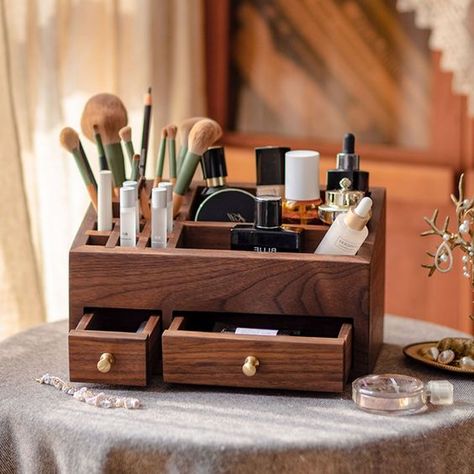 #fashion #beauty #jewelrybox Wooden Vanity Organizer, Makeup Organizer Wood, Cosmetic Organizer Diy, Wood Makeup Organizer, Wooden Makeup Organizer, Small Easy Woodworking Projects, Wood Things, Wooden Desk Organizer, Handmade Makeup