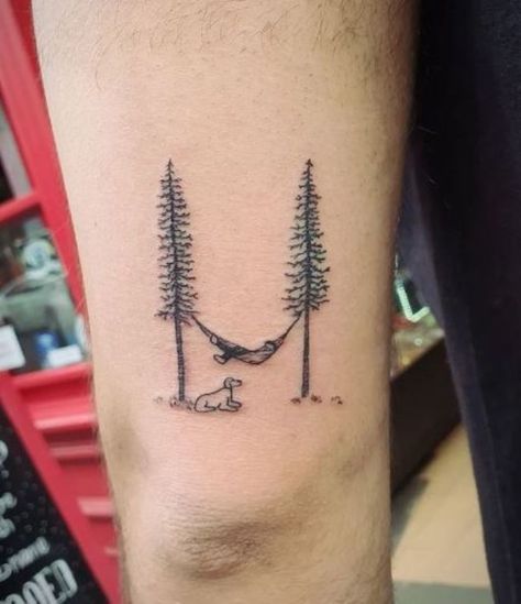 30 Amazing Tree Tattoos Designs with Meanings, Ideas, and Celebrities 28 Men Outdoors Tattoo, Outdoor Nature Tattoo, Small Tree Tattoo For Men, Tree Beard Tattoo, Granola Tattoos For Men, Palm Tree Pine Tree Tattoo, Hammock Tattoo Ideas, Outdoor Patchwork Tattoo, Crunchy Tattoo Ideas