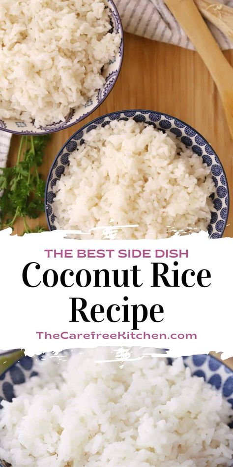 This Coconut Milk Rice recipe makes a deliciously light, fluffy, and fragrant side dish to any of your favorite Asian-inspired meals. #thecarefreekitchen #coconut #rice #coconutrice #coconutmilk #sidedish #asian Cuban Coconut Rice, Fluffy Coconut Rice, Rice In Coconut Milk, Coconut Rice Basmati, Rice Coconut Milk Recipe, Coconut Rice Rice Cooker, Coconut White Rice, Coconut Milk Dishes, Coconut Basmati Rice Recipe