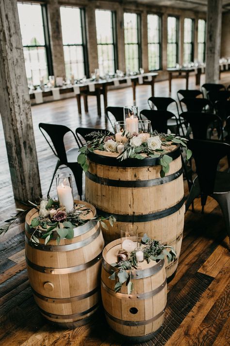 Brewery Wedding Decor Ideas, Distillery Wedding Reception, Bourbon Wedding Decor, Wedding At A Brewery, Brewery Reception Decorations, Wedding At Brewery, Brewery Wedding Reception Decor, Barrels At Wedding, Distillery Wedding Decor