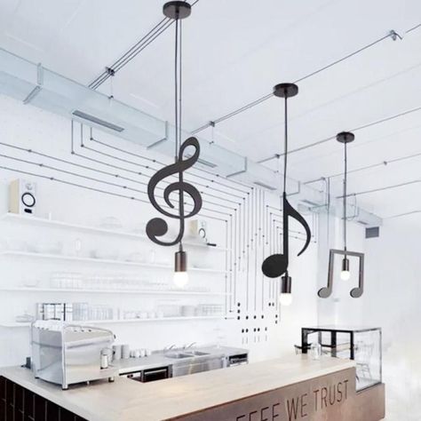 CHARE 1PC Black LED Light Music Note Iron Hanging Lamp Restaurant Bulb Musical Note Ceiling E27 Pendant Home Lamp Music Character, Lamp Music, Industrial Bathroom Decor, Cafe Industrial, Nordic Pendant Light, Bar Bedroom, Luminaire Vintage, Industrial Living, Industrial Livingroom