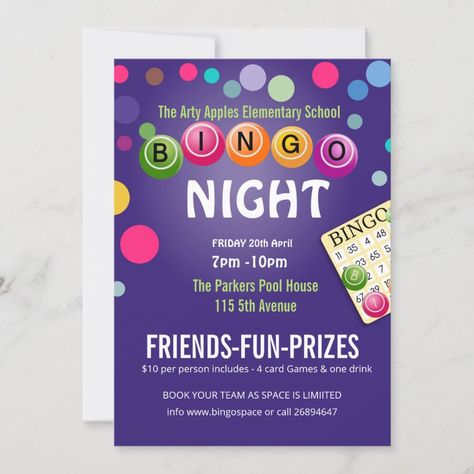 Bingo fun night invite fundraiser  Zazzle School Fundraising Events, School Event Flyer, Unique Fundraisers, Pta Fundraising, Fun Fundraisers, Bingo Party, Church Fundraisers, Bingo Night, Night School