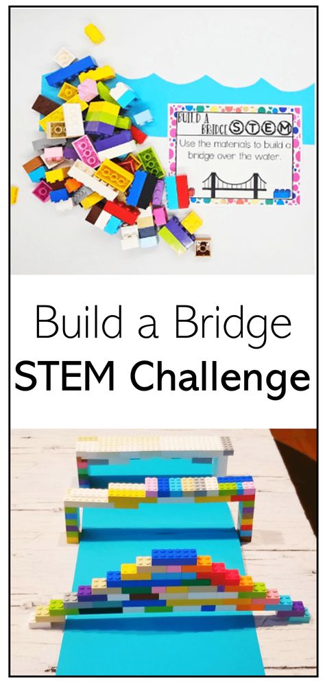 The pin shows two images.  The top image is a collection of colorful plastic building blocks, a wave sheet of paper and an activity card.  The bottom shows three bridges made from the building blocks. Kindergarten Stem Challenges, Bridge Stem Challenge, Stem Bridges, Lego Stem Challenge, Lego Bridge, Stem Challenges Elementary, Kindergarten Stem, Elementary Stem Activities, Activities Elementary