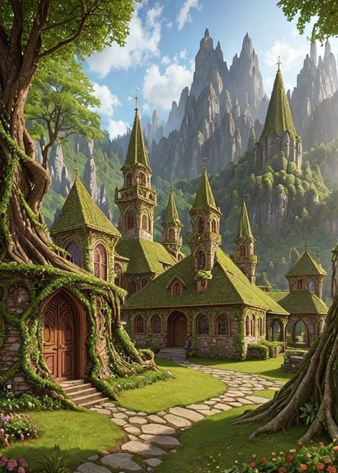 Solarpunk Town, Solarpunk Village, Fantasy World Inspiration, Spine Tattoo Ideas, Fantasy Village, Fantasy Town, Location Inspiration, Spine Tattoo, Fantasy House