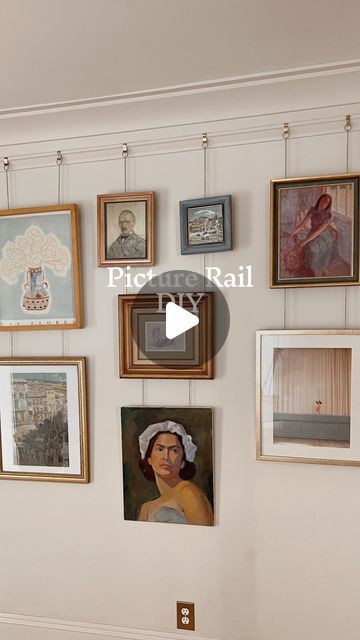 Dado Rail Picture Hanging, Picture Rail Molding Bedroom, Picture Rail Hook Ideas, Craftsman Picture Rail, Hanging Art From Picture Rail, Picture Rail Stairs, Picture Rod Hanging, Gallery Wall Picture Rail, Art Rail Display