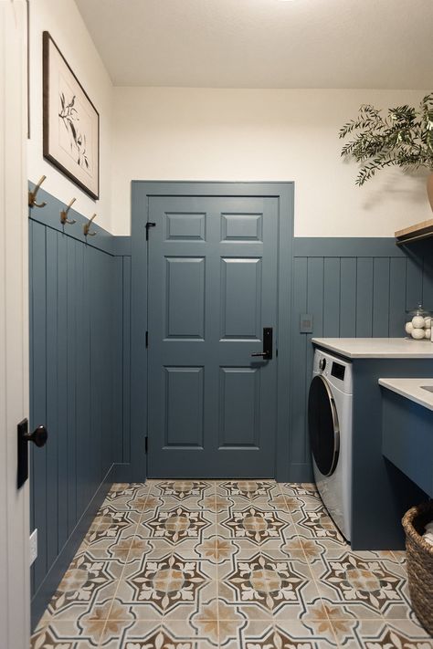 The Hacienda Laundry Room Reveal - Jenna Sue Design Diy Laundry Room Floor, Board Batten Laundry Room, Accent Wall Laundry Room Modern, Laundry Wainscoting, Moody Bathroom Laundry Room, Shaker Style Laundry Room, Laundry Room Sea Salt, Laundry Room Colour Ideas, Laundry Room With Board And Batten