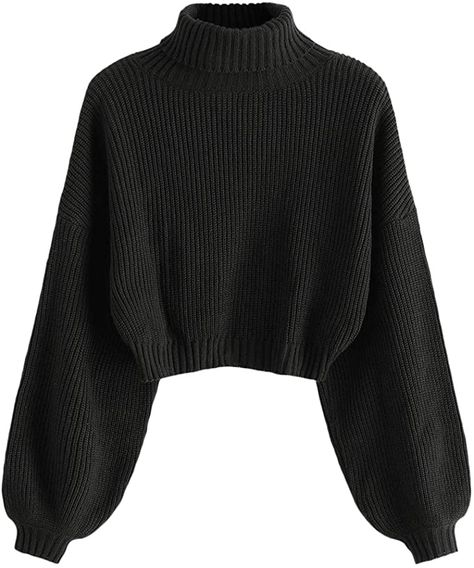 ZAFUL Women's High Neck Lantern Sleeve Ribbed Knit Pullover Crop Sweater Jumper at Amazon Women’s Clothing store Cropped Black Sweater Outfit, Black Sweater Women, Black Winter Pants, Black Knitted Sweater, Cropped Turtleneck Sweater, Jumper Women, Hogwarts Dr, Design Outfit, Cropped Turtleneck