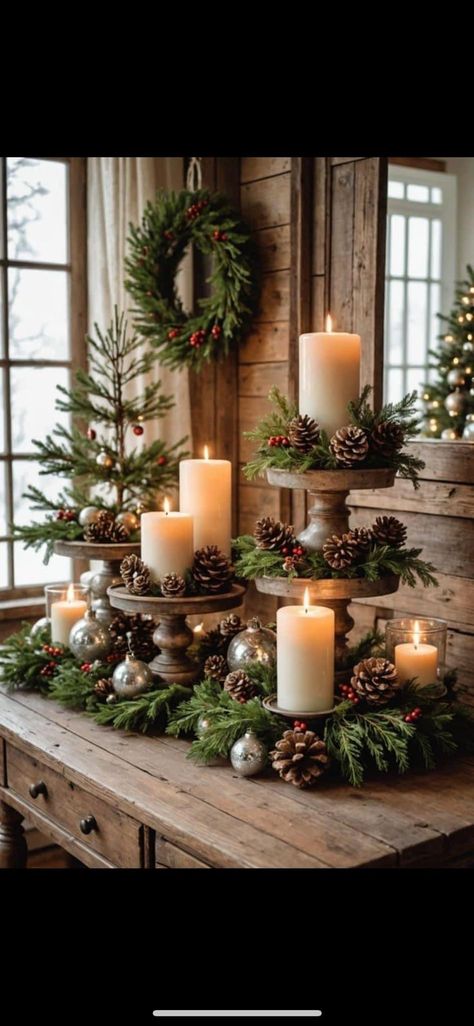 Pottery Barn Holiday Table Settings, Arrangements With Pinecones, Christmas Candle Wreath Centerpiece, How To Display Pine Cones, Christmas Sleigh Centerpiece Ideas, Winter Rustic Decor, Mountain Home Christmas Decor, Maine Christmas Decor, Christmas In A Jar Decoration