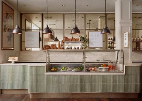 Sloane Street Deli redesigned to be "classic neighbourhood spot" Japanese Tile, Café Design, Parisian Bistro, White Molding, Counter Design, Bakery Design, Bentwood Chairs, Cafe Interior Design, Fish Scale