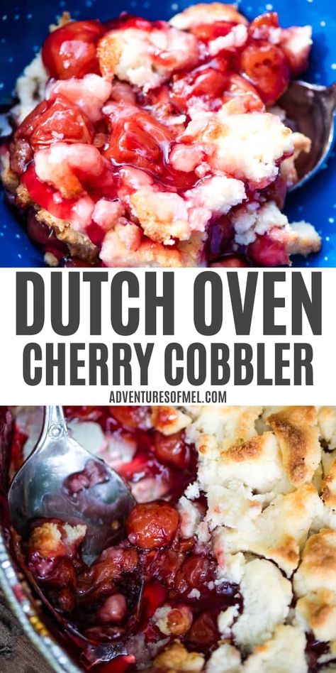 How to make a delicious Dutch oven cherry cobbler with canned cherry pie filling and a scrumptious homemade crumble topping. Quick and easy, old-fashioned campfire cobbler recipe that the whole family will love! Dutch Oven Cherry Cobbler, Campfire Cobbler, Homemade Crumble, Dutch Oven Cobbler, Canned Cherry Pie Filling, Canned Cherry Pie, Dutch Oven Desserts, Campfire Cooking Recipes, Cherry Cobbler Recipe