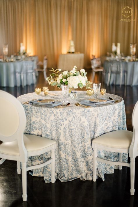 Dusty Blue Wedding Linens, Sweetheart Table Inspiration, Pattern Table Cloth Wedding, Dusty Blue Table Setting Wedding, Dusty Blue Sweetheart Table, Sweetheart Table Wedding Elegant, Blue Sweetheart Table, Fairytale Wedding Table, White Wedding Linens