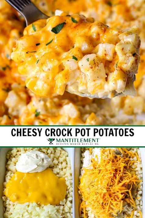 Cheesy Crock Pot Potatoes | An Easy Potato Side Dish | Mantitlement Cheesy Crockpot Potatoes, Thanksgiving Side Dishes Crockpot, Crockpot Potatoes, Cheesy Potatoes Crock Pot, Potato Side Dishes Easy, Crockpot Side Dishes, Potato Side Dish, Thanksgiving Side Dishes Easy, Crock Pot Potatoes