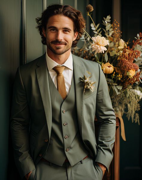 Engagement Suits, Three Piece Suits, Suit Groomsmen, Green Suit Men, Olive Green Suit, Green Wedding Suit, Olive Green Weddings, Suits For Wedding, Groom And Groomsmen Suits