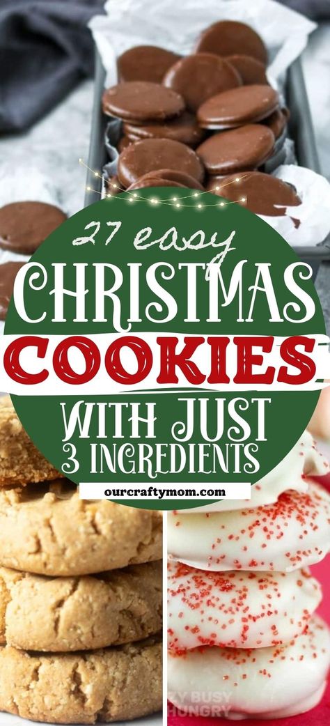 Take a look at this super easy list of 3 ingredient cookies including gluten-free, flourless peanut butter, chocolate chips, and more! #easycookies #ourcraftymom #3ingredientcookies #vegancookies 3 Ingredient Holiday Cookies, Peanut Cookies 3 Ingredient, No Chill Oatmeal Chocolate Chip Cookies, Easy No Bake Cookies Peanut Butter, Peanut Free Christmas Cookies, Chocolate Peanut Butter Cookies Easy, 3 Ingredients Cookies Easy, Few Ingredients Cookies, Low Sodium Chocolate Chip Cookies