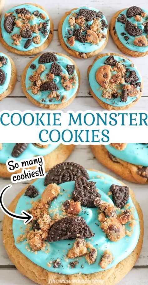 Crumbl Cookie Monster Copycat, Giant Monster Cookies, Crumbl Brownie Cookie, Cookies That Look Like Food, Space Cookie Cake, Halloween Crumble Cookies, Cookie Add In Ideas, Cookie Monster Food Ideas, Blue Monster Cookies