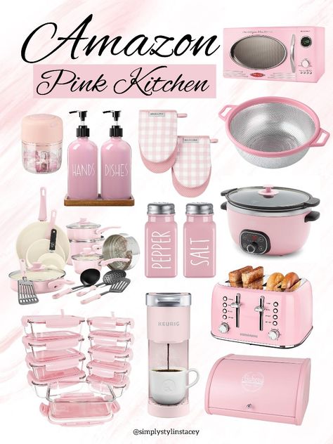 Pink Girly House Ideas, Pink Appliances In Kitchen, Pink House Stuff, Pink Kitchen Stuff, Pink Kitchen Items, Girly Apartment Decor Kitchen, Pink Aesthetic Kitchen, Pink Amazon Finds, Cute Kitchen Ideas