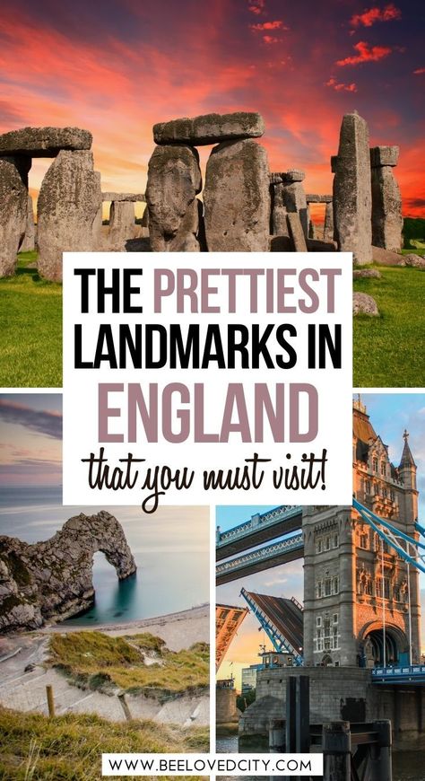 Discover the most beautiful and famous landmarks in England! England travel guide | Things to do in england | places to see in england | beautiful places in england | landmarks in england | England travel tips | England bucket list | england travel itinerary | things to do in northern england | pretty places in england | places to visit in england England Travel Tips, Places To Visit In England Bucket Lists, England Must See Places, Places To Go In England, Best Places To Visit In England, Jurassic Coast England, England Beautiful Places, England Landmarks, England Attractions