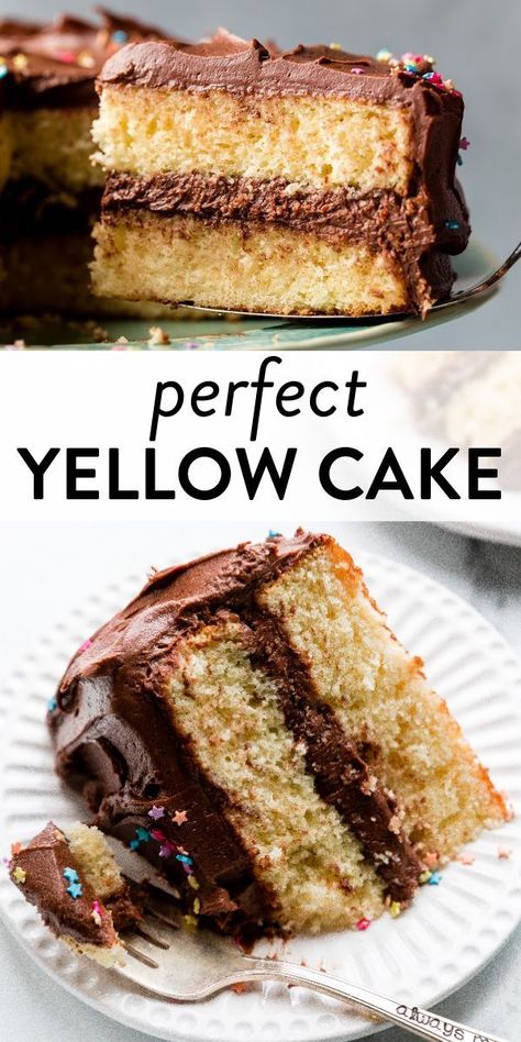 Soft and buttery with an extra moist crumb, this is the best yellow cake I've ever had. Cover this cake in my rich and creamy chocolate buttercream for the ultimate celebratory birthday cake! #yellowcake #birthdaycake #cakedecorating #baking #chocolatebuttercream Best Yellow Cake Recipe, Cake Flour Substitute, Popular Desserts Recipes, Yellow Cake Recipe, Birthday Dessert, Sally's Baking, Birthday Cake Recipe, Yellow Cake, Chocolate Buttercream