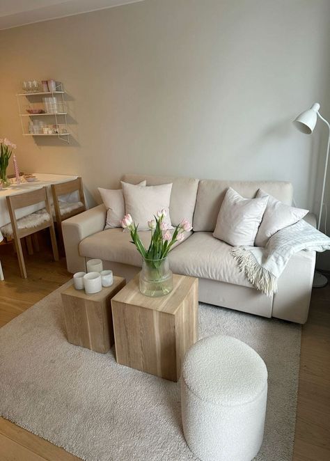 🤍🌸💞#apartment #beige #flowers #interior #smallhome #decor #DecorTips #Infuse #HouseGoals #Space #Feminine #with #Charm #Girly #Your #Decor #Apartment #Ideas #DecorInspiration #InteriorDesign Apartment Beige Aesthetic, White And Wood Apartment Decor, Clean Girl Home Decor, Beige Couch Apartment, Clean Girl Living Room Aesthetic, Neutral Apartment Aesthetic With Pops Of Color, Small Living Room Decor On A Budget, Clean Minimalist Apartment, Apartment Decorating Clean Look