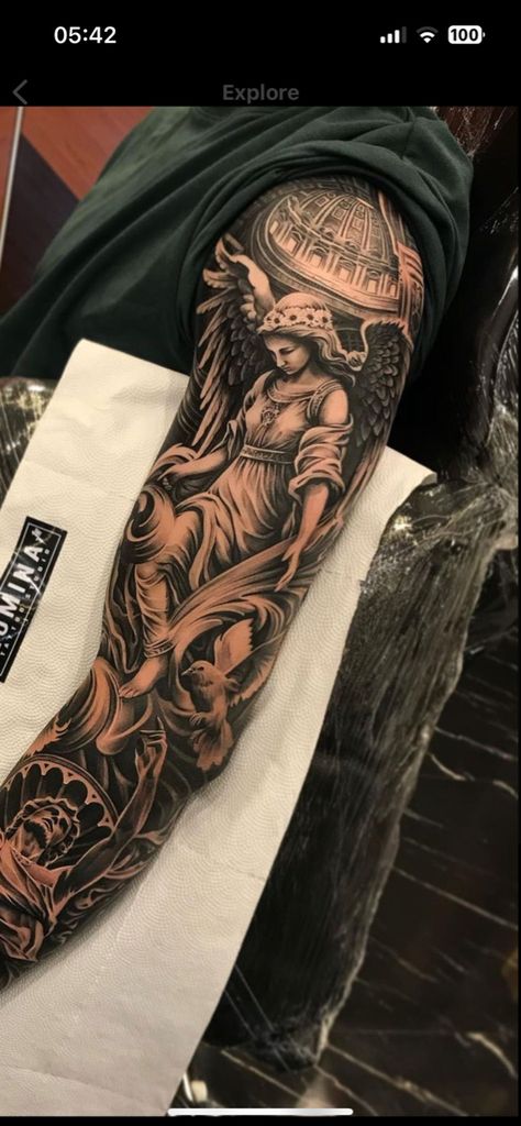 Angel Tats, Religious Tattoo Sleeves, Angel Sleeve Tattoo, Blitz Tattoo, Arm Tattoos Black, Mangas Tattoo, Half Sleeve Tattoos Forearm, Full Tattoo, Arm Tats