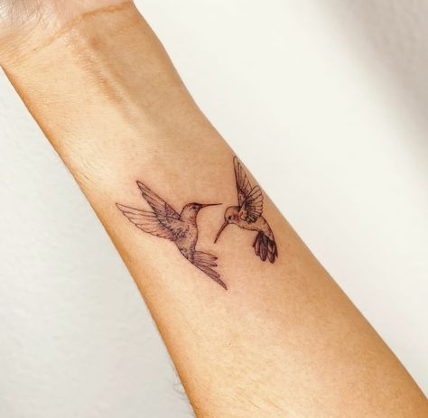 Hummingbird Tattoo Matching, 2 Hummingbird Tattoo, Hummingbird Forearm Tattoo, Hummingbird Tattoo Forearm, Indecisive Tattoo, 2 Hummingbirds Tattoo, Matching Bird Tattoos, Trio Tats, Hummingbird And Flower Tattoo