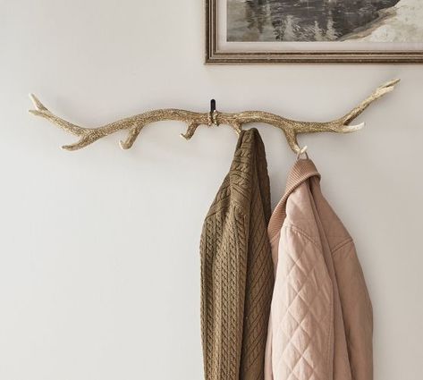 Coat Hooks & Wall Hooks | Pottery Barn Unique Coat Hanger, Barnwood Coat Rack Wall, Restoration Hardware Ski Lodge, Laundry Hooks Ideas, Elk Antlers Mounted, Antler Coat Hooks, Southern Cabin Decor, Decorative Hooks Wall, Decorating With Mounted Animals