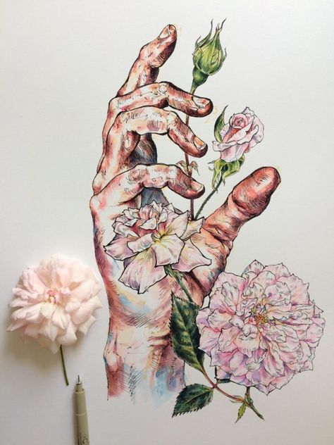 Colorful Studies of an Artist’s Hands Layered With Flowers and Bees | Colossal Noel Badges Pugh, Bee Art, Arte Inspo, Arte Sketchbook, Art Et Illustration, Art And Illustration, Hand Art, Gustav Klimt, A Drawing