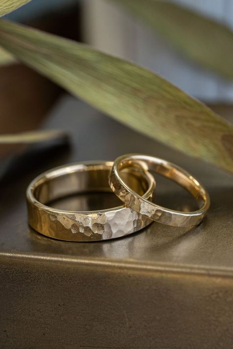 marsh-edisto-matching-hammered-yellow-gold-wedding-band-set-rustic-and-main-10k-14k-18k Hammered Gold Wedding Band, Unique Gold Wedding Bands, Recycled Gold Ring, Hammered Wedding Rings, Mens Wedding Rings Gold, Hammered Wedding Bands, Mens Wedding Bands Unique, Rustic Wedding Rings, Mens Gold Wedding Band