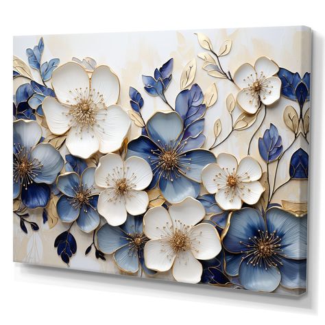 This beautiful "Blue And Gold Minimalism Violets " Canvas Art is printed using the highest quality fade resistant ink on canvas. Every one of our Floral Wall art is printed on premium quality cotton canvas. Wall Art Designs Living Room, Decorative Art Painting, Blue Wall Ideas, Wall Art Living Room Decor Ideas, Blue Painting Ideas, Painting Craft Ideas, Texture Art On Canvas, Art For Walls Decorating Ideas, Blue And Gold Living Room