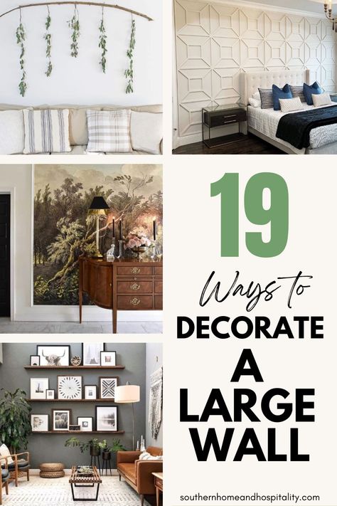 Stuck on what to hang on those big bare walls? These 19 best ways to decorate a large wall will solve this common decorating problem. Great large wall decor ideas and tips for all big wall spaces including two-story walls, stairwells, and hallways! Decor For Large Wall Space, Wall Space Decor, Large Wall Decor Ideas, Large Wall Decor Bedroom, Tall Wall Decor, Large Wall Decor Living Room, Oversized Wall Decor, Big Blank Wall, Big Wall Decor