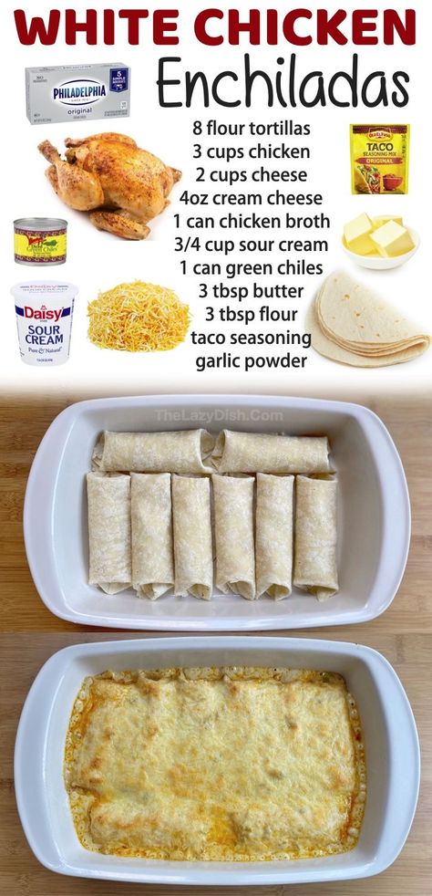 Are you looking for quick and easy dinner recipes? Your entire family is going to love these cream cheese white chicken enchiladas! They are made with simple ingredients including rotisserie chicken, sour cream, cream cheese, taco seasoning, butter, tortillas, and green chiles. I’m always on the hunt for simple, last minute dinner ideas for my picky eaters, and these delicious, oven baked enchiladas are so effortless to throw together on busy weeknights. Baked Enchiladas, Creamy White Chicken Enchiladas, Chicken Enchiladas Recipe, Quick And Easy Dinner Recipes, White Chicken Enchiladas, Enchiladas Recipe, Green Chiles, Quick And Easy Dinner, White Chicken