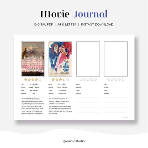 Movie Reviews Template, Movie Digital Journal, Movie Review Journal Template, Movie Log Journal, Movie Diary App, Digital Film Journal, Movie Journal Digital, Movie Review Template Instagram, Anime Review Journal